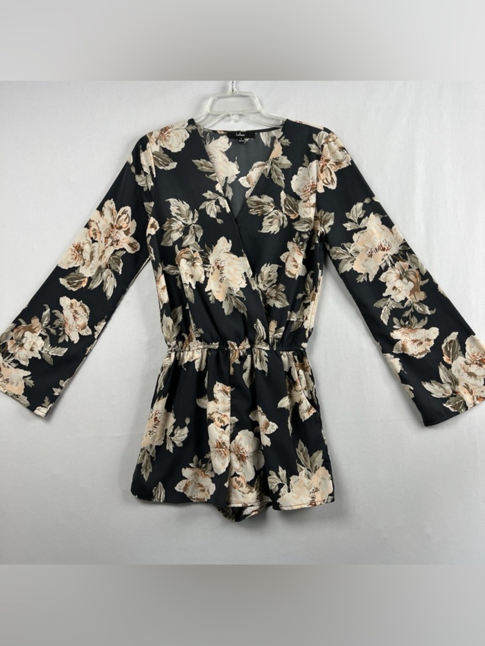 Lulu's Dark Green Floral Wrap Romper with Cream & Tan Blooms